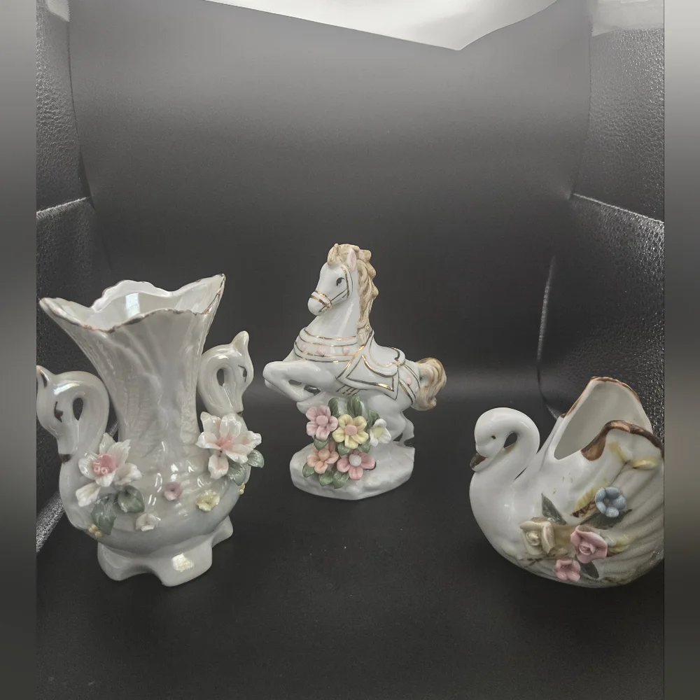 Porcelain Swan and Horse Figurines with Floral Accents Vintage